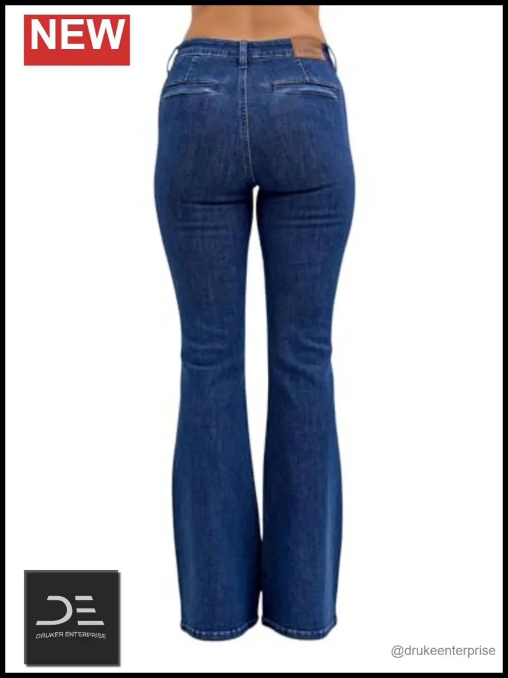High Rise Flare Leg Jeans with Patch Pockets Stretch Denim